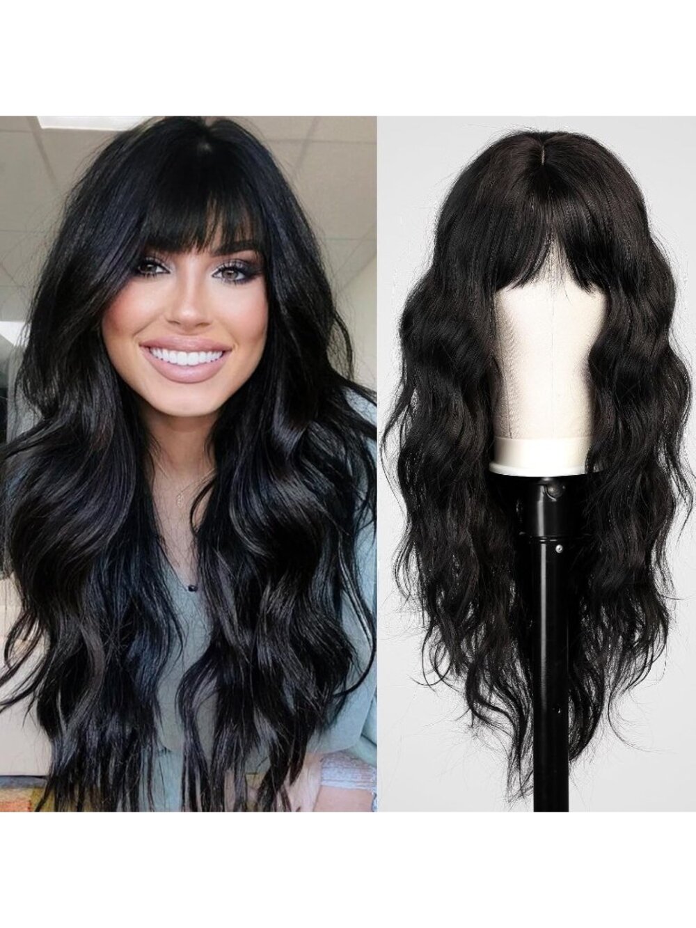 Women's Black Heat Resistant Long Curly Wavy Synthetic Wig with Bangs Size 26In